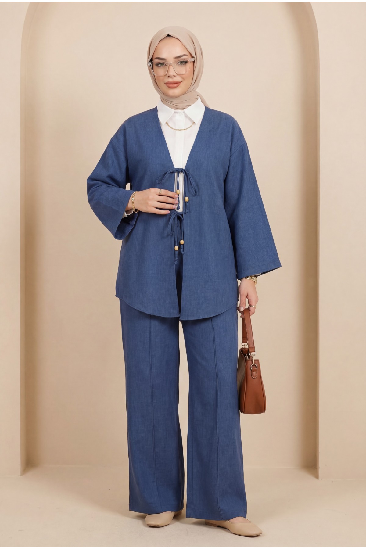 Kimono Set with Double Front Tie and Trousers   -İndigo