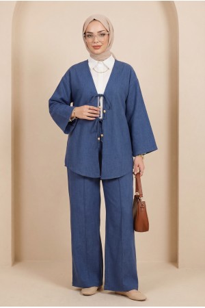 Kimono Set with Double Front Tie and Trousers   -İndigo