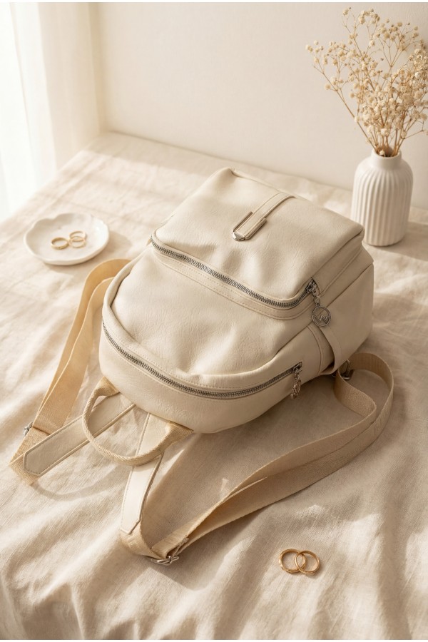 Woven Strap Double Zip Women's Backpack -Cream color