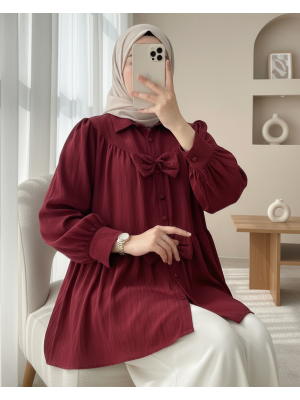 Önü Fiyonk Detaylı Parçalı Gömlek  -Bordo