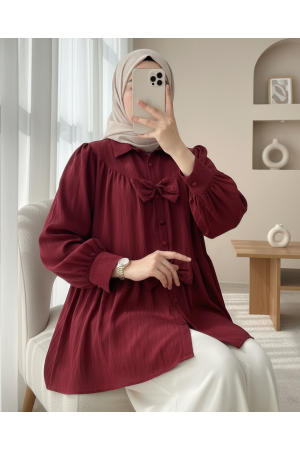 Önü Fiyonk Detaylı Parçalı Gömlek  -Bordo