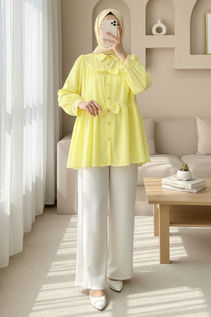Önü Fiyonk Detaylı Parçalı Gömlek  -Açık Sarı