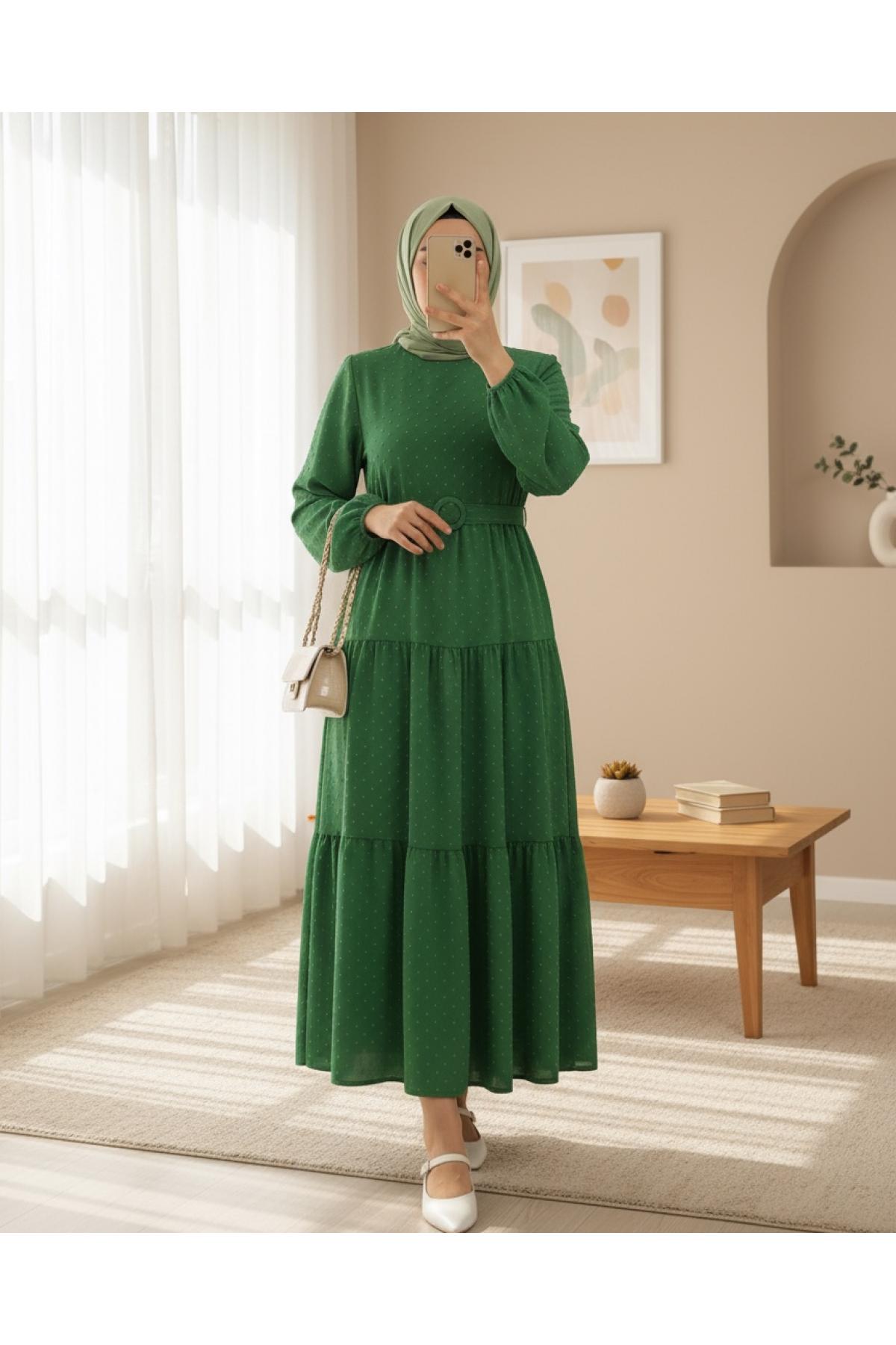 Belted Skirt Three Layer Dress -Green