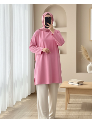 Yuvarlak Yaka Yırtmaçlı Salaş Penye Tunik -Pembe