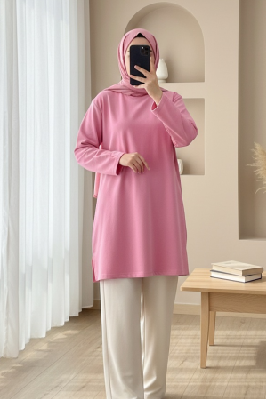 Round Neck Slit Loose Combed Cotton Tunic -Pink