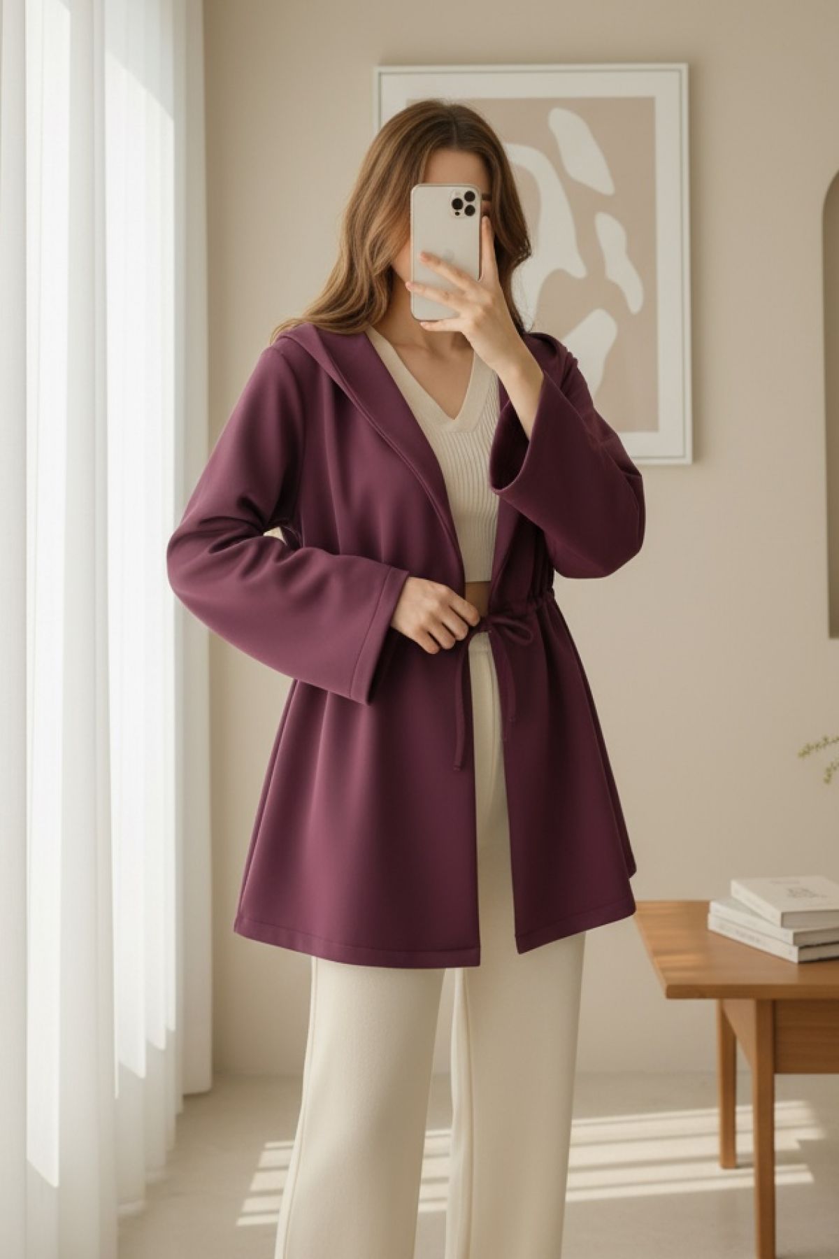 Önü Tünel Bağcıklı Scuba Kimono -Bordo
