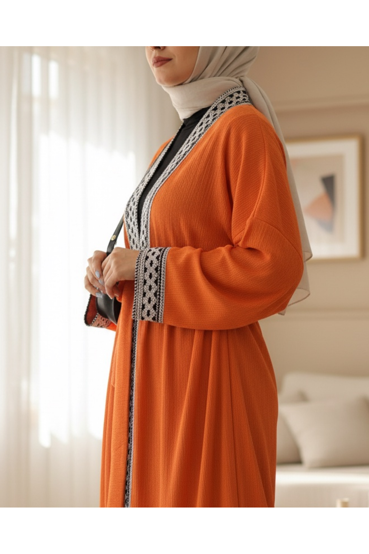 Ethnic Striped Tie Long Kimono -Orange
