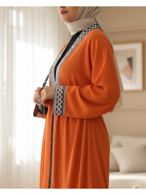 Etnik Şeritli Bağcıklı Uzun Kimono -Turuncu