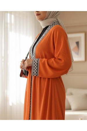 Etnik Şeritli Bağcıklı Uzun Kimono -Turuncu