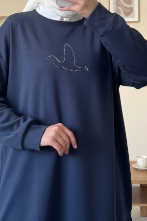 Bird Patterned Stoned Oysho Tunic  -Navy blue