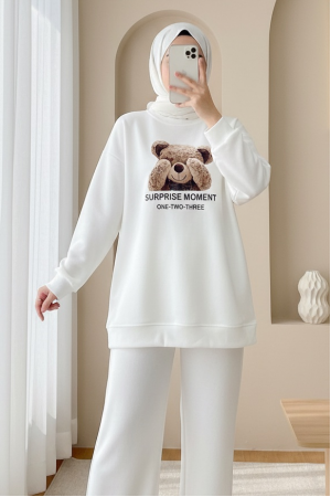 Ayıcık Baskılı Şardonlu 3 İplik Sweat Takım  -Beyaz