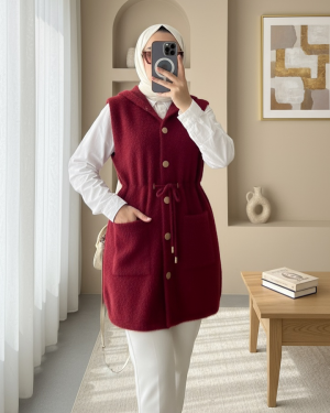 Hooded Pocket Waist Tie Bearded Vest -Maroon