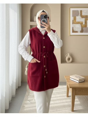 Kapşonlu Cepli Beli Bağlamalı Sakallı Yelek -Bordo
