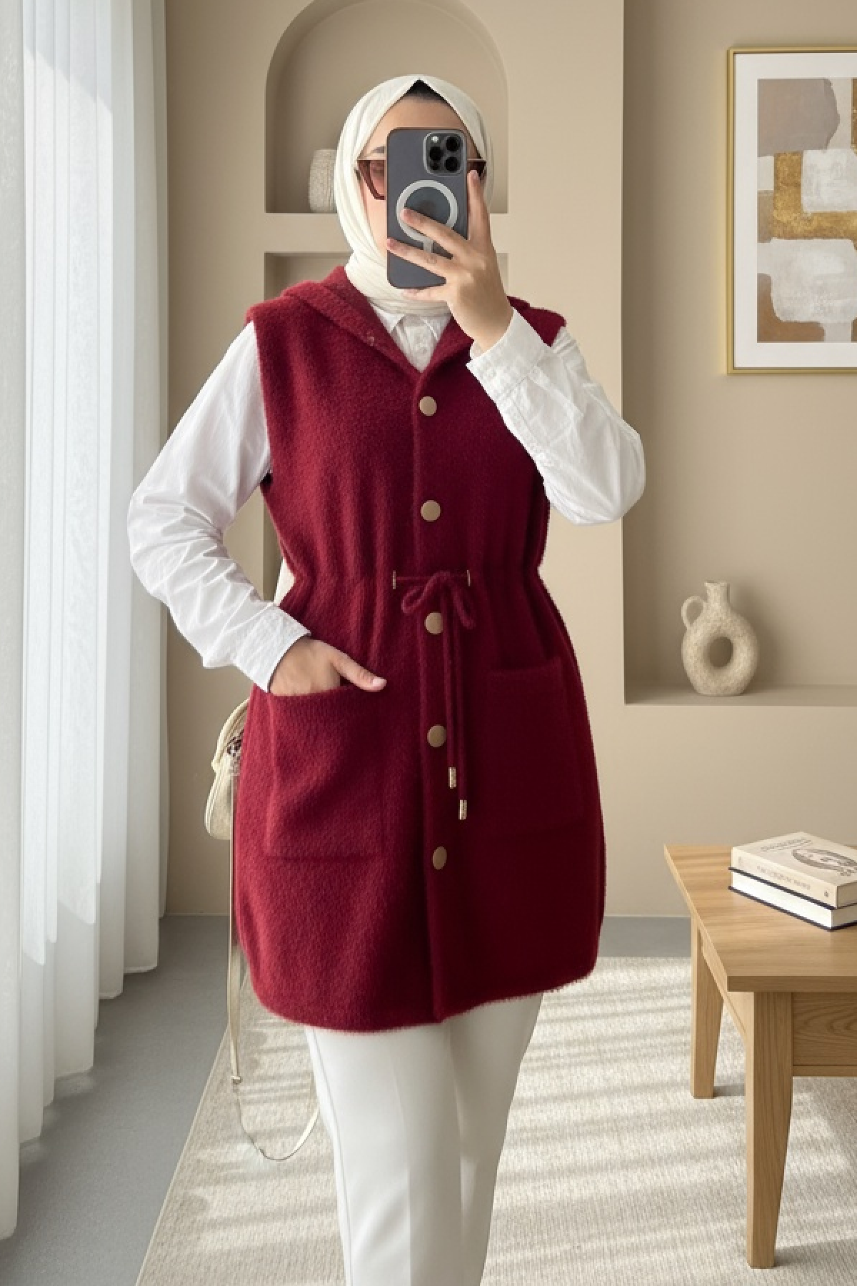 Hooded Pocket Waist Tie Bearded Vest -Maroon