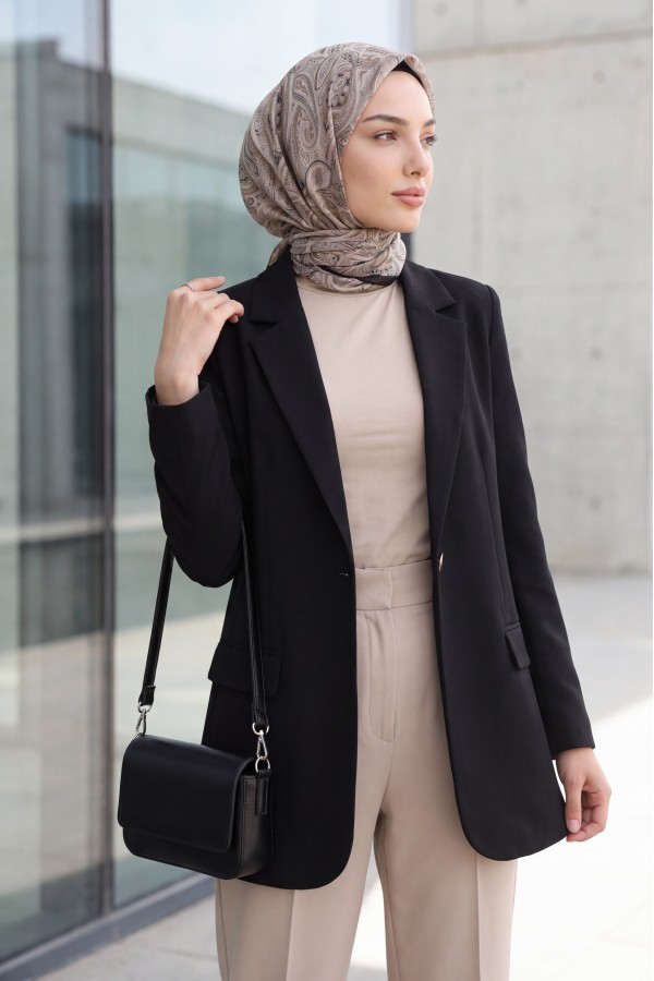 Cepli Tek Düğmeli Likralı Ceket -Siyah