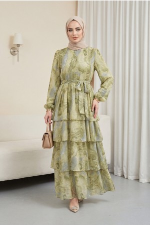Layered Skirt, Elasticated Sleeves, Belted Waist, Lined Chiffon Dress -PISTACHIO GREEN