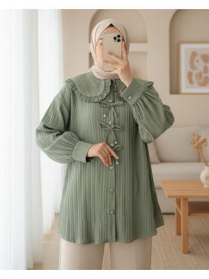 Önü Kurdele Detaylı Düğmeli Önlük Yaka Gömlek -Çağla Y.