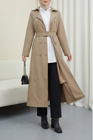 Çift Düğmeli Kemerli Trençkot -Vizon