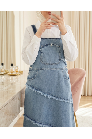 Cepli Yanı Düğmeli Püskül Detaylı Kot Salopet -Buz Mavi