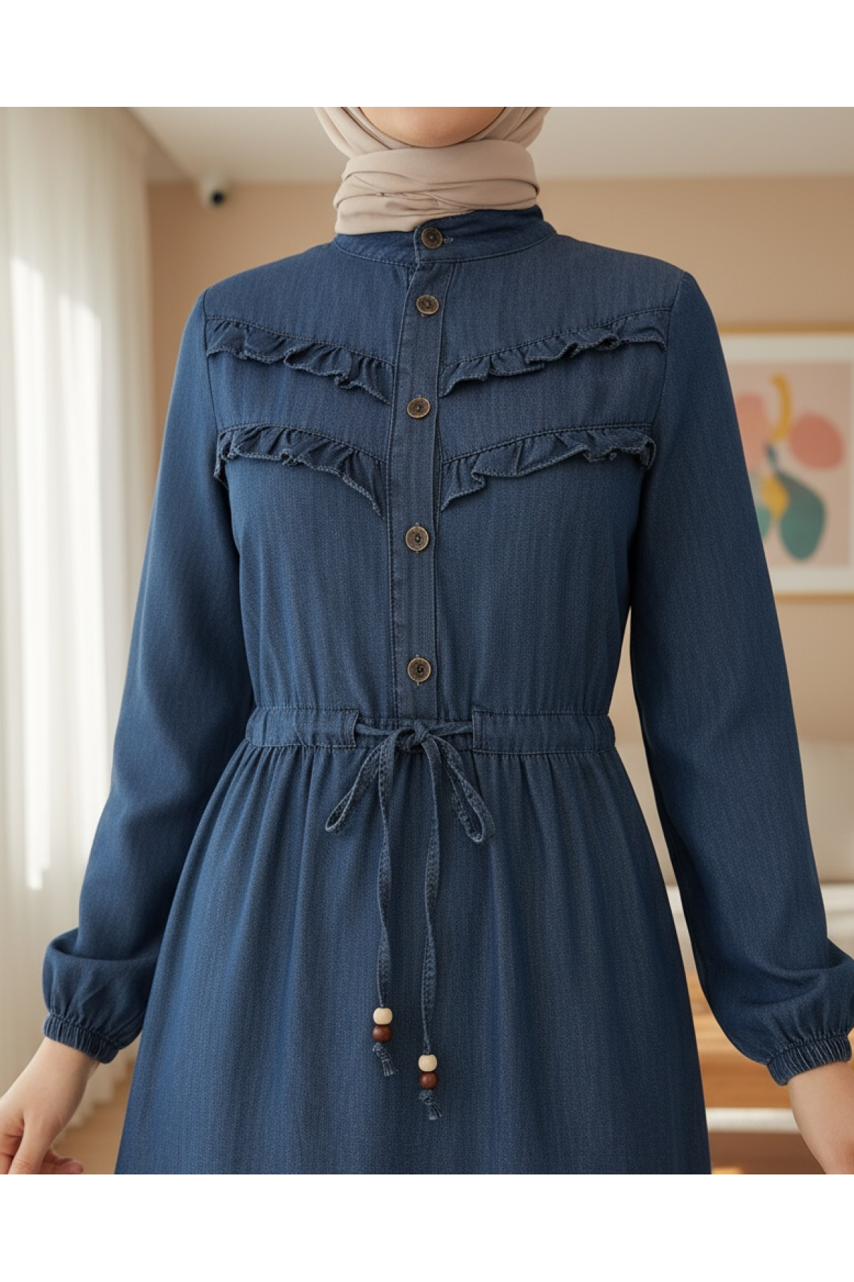 Half Buttoned Front Frilly Pieced Jeans Dress -İndigo