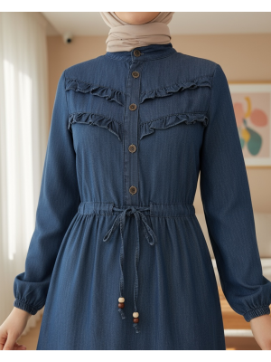 Yarım Düğmeli Önü Fırfırlı Parçalı Kot Elbise -İndigo