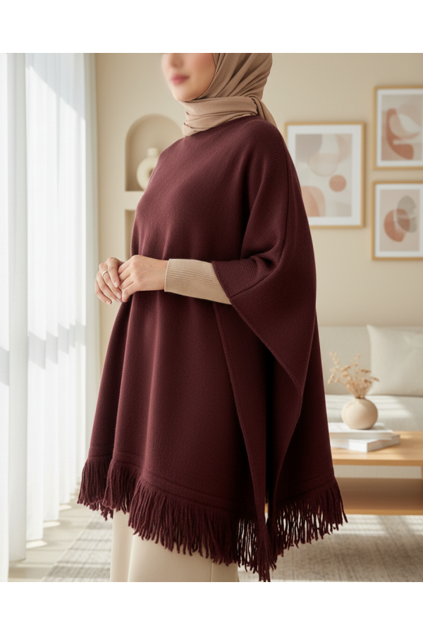 Knit Poncho with Tassel Detail on the Skirt -Maroon