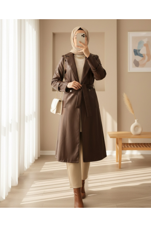 Kemerli Cepli Tesettür Deri Trenckot -Kahve