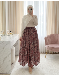 Asimetrik Kesim Astarlı Kemerli Şifon Etek -Bordo