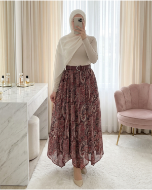 Asymmetrical Cut Lined Belted Chiffon Skirt -Maroon