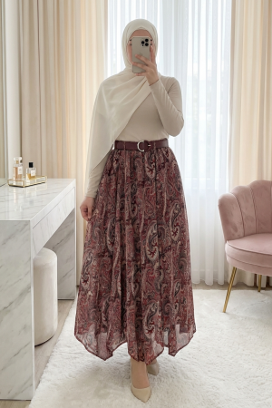 Asymmetrical Cut Lined Belted Chiffon Skirt -Maroon