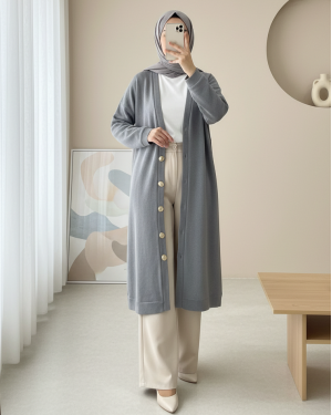 Buttoned Selanik Long Cardigan -Grey