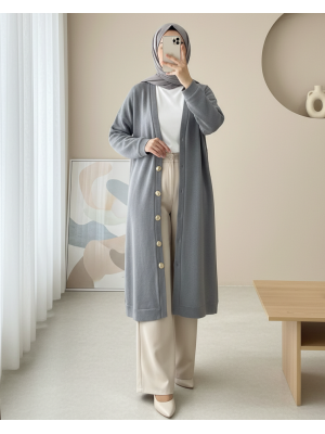 Düğmeli Selanik Uzun Hırka -Gri