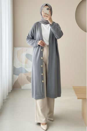 Düğmeli Selanik Uzun Hırka -Gri