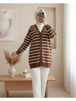 Çizgili Düğmeli V Yaka Triko Hırka -Kahve