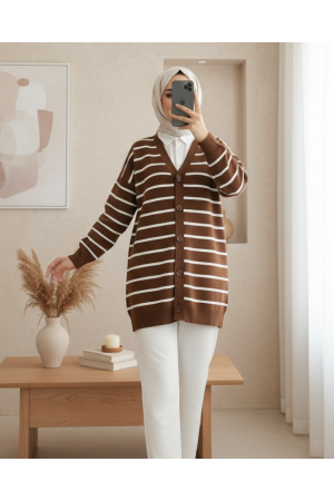 Çizgili Düğmeli V Yaka Triko Hırka -Kahve