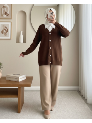 Düğmeli Fitilli Triko Hırka  -K. Kahve