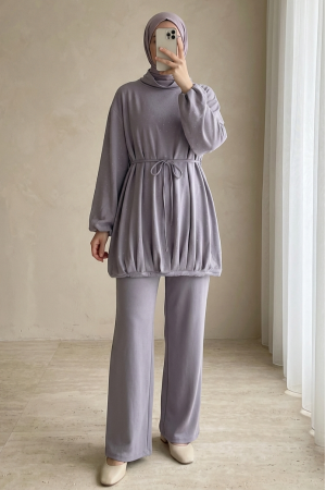 Oysho Sweat with Elastic Skirt and Tied Waist and Half Turtleneck - Light grey