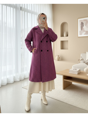 Balık Sırtı Desen Cepli Kaşe Kap  -Fuşya