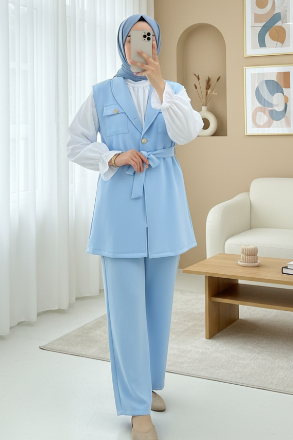 Zero Sleeve Button Front Waist Belted Three Piece Suit -Baby Blue