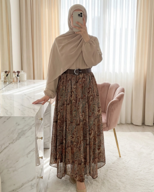 Asimetrik Kesim Astarlı Kemerli Şifon Etek -Haki