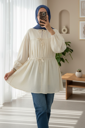 Önü Bağlamalı Kolları Lastikli Gömlek -Ekru