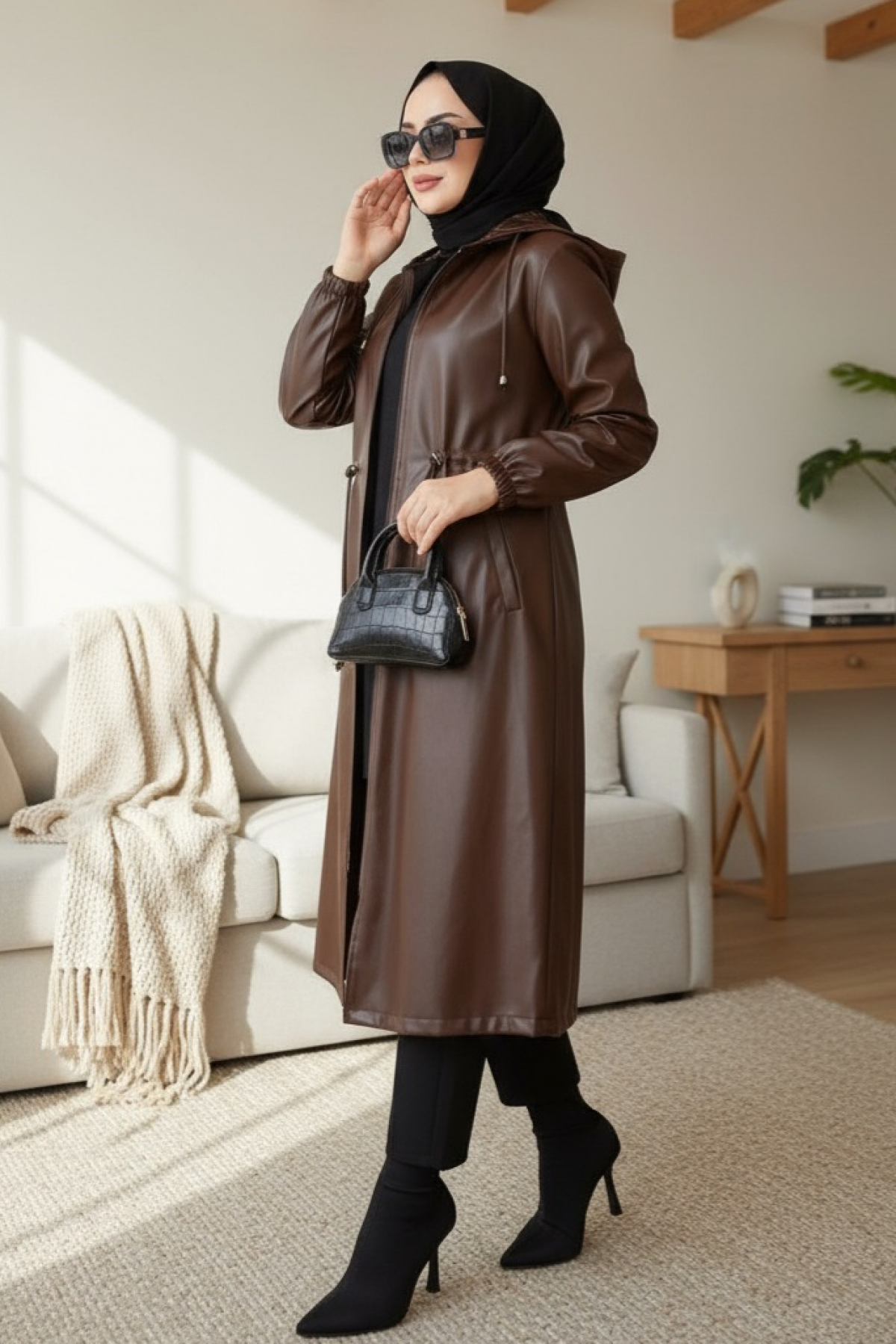 Leather Jacket with Hood, Pocket, Tie-Down Waistband, Elastic Sleeves -Brown