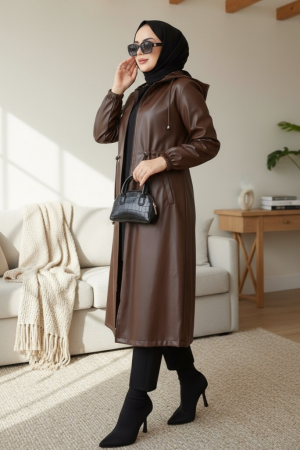 Kapşonlu Cepli Beli Bağcıklı Kolu Lastikli Deri Kap -Kahve