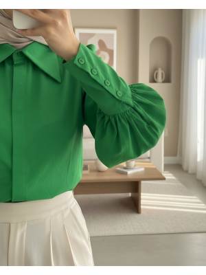 Gizli Düğmeli Balon Kol Düz Gömlek  -Yeşil