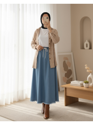  Fringed Skirt With Pockets Denim Skirt -Blue
