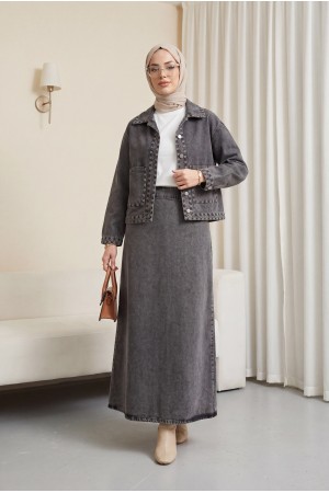 Denim Skirt Set with Embroidered Details, Double Pockets, and Button-Front Closure. -Smoked 