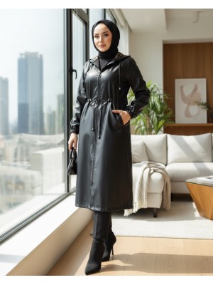 Kapşonlu Cepli Beli Bağcıklı Kolu Lastikli Deri Kap -Siyah