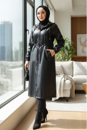 Kapşonlu Cepli Beli Bağcıklı Kolu Lastikli Deri Kap -Siyah