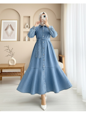 Boydan Düğmeli Eteği Fırfırlı Kot Elbise -Açık Mavi