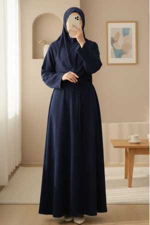 Draped  Waist Double Laced Selanik Long Dress -Navy blue